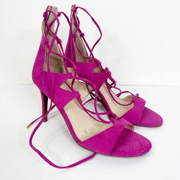NEW Marc Fisher Size 8.5 Pink Faux Suede Lace Up Heeled Sandals - Picture 2 of 12